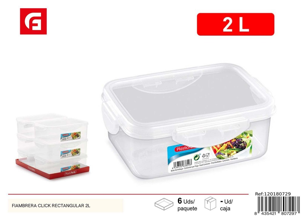 Fiambrera click rectangular 2L para almacenamiento de alimentos