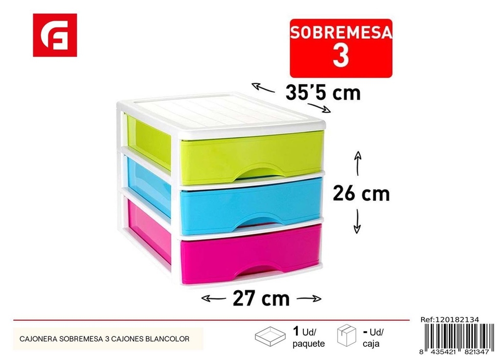 Cajonera de sobremesa plástico 3 cajones blanco