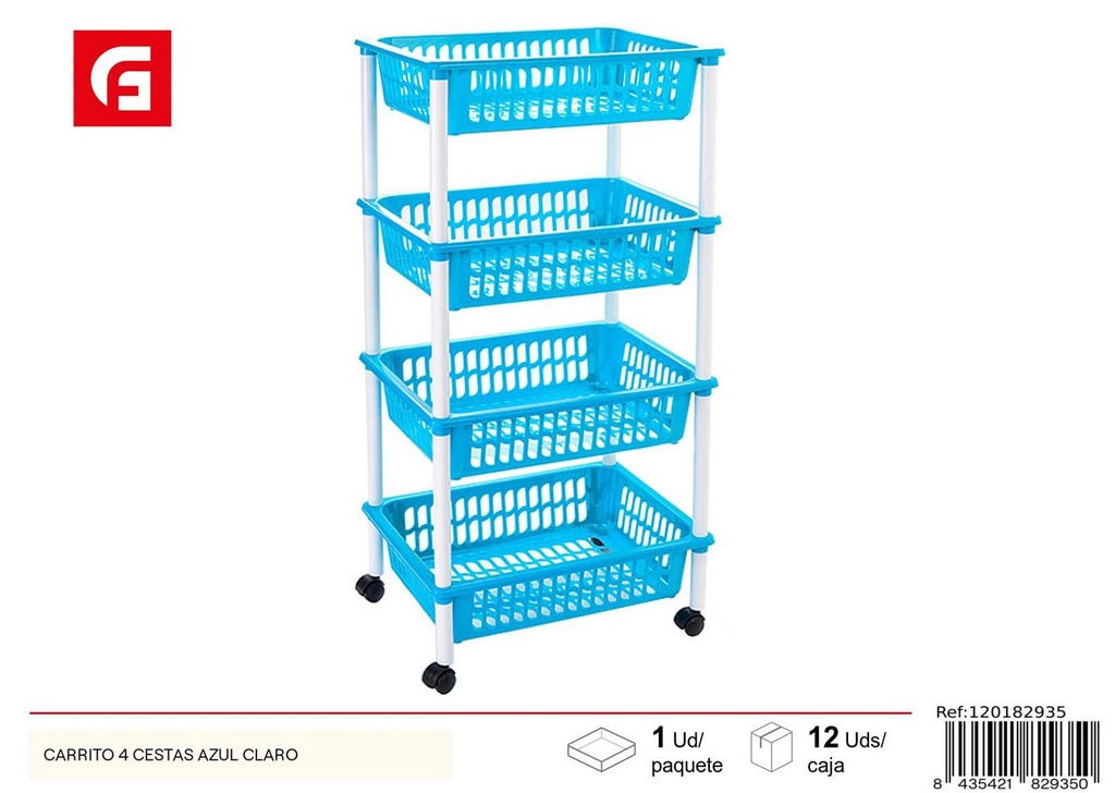 Carrito de plástico con 4 cestas azul claro para cocina