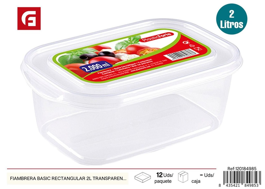 Fiambrera básica rectangular 2L transparente para almacenamiento de alimentos