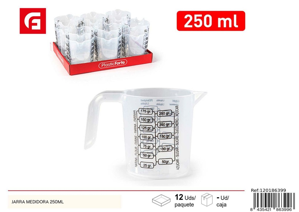 Jarra medidora de plástico 250ml para cocina y recetas