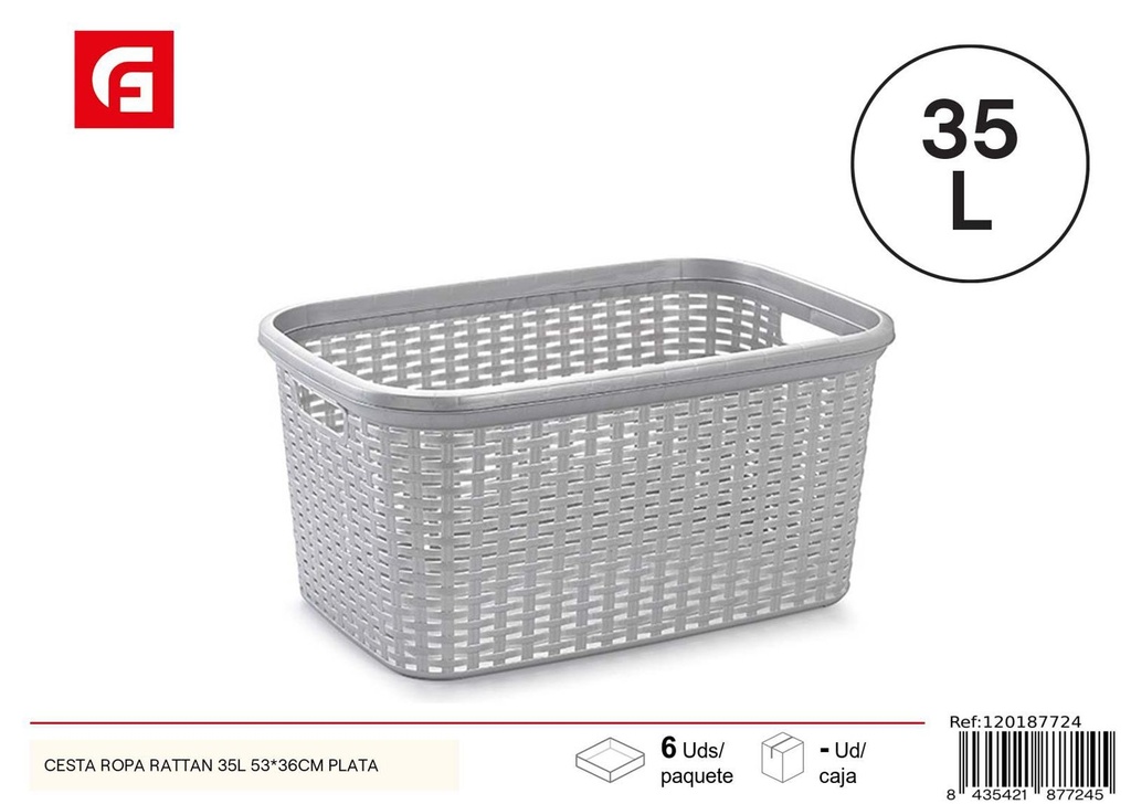 Cesta de ropa rattan 35L 53x36cm plateada