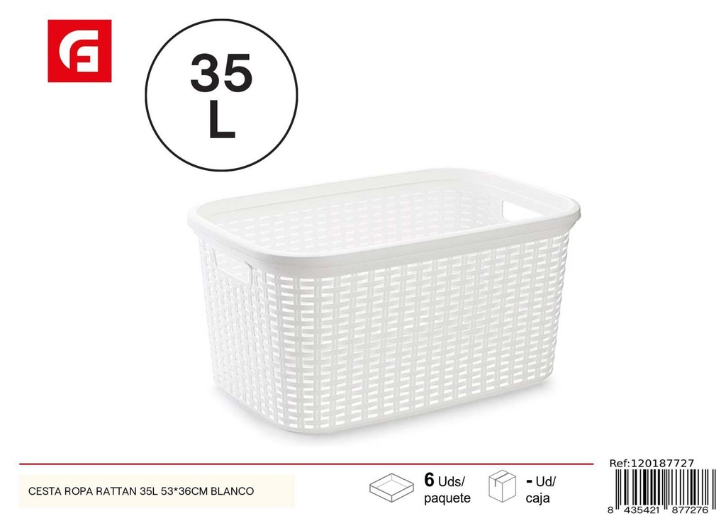 Cesta de ropa rattan blanca 35L 53x36cm para lavandería