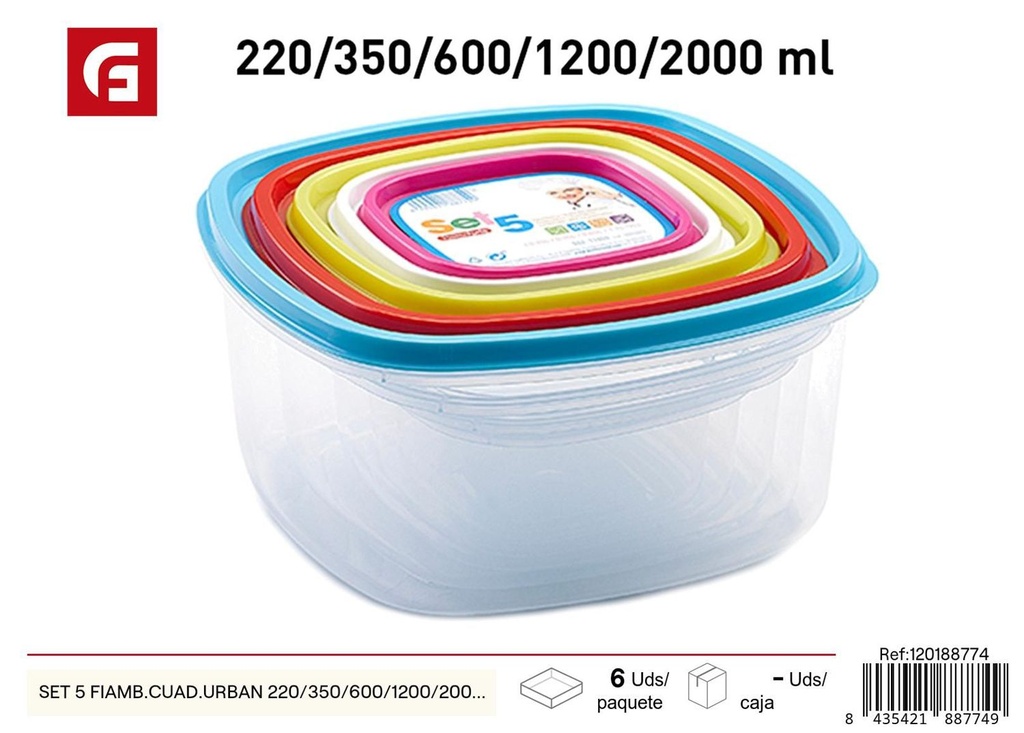 Set 5 fiambreras cuadradas urban 220/350/600/1200/2000ml para cocina