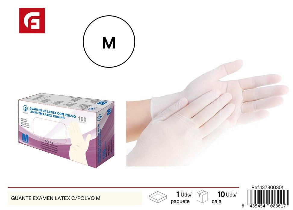Guante de examen de látex con polvo talla M para uso médico y limpieza