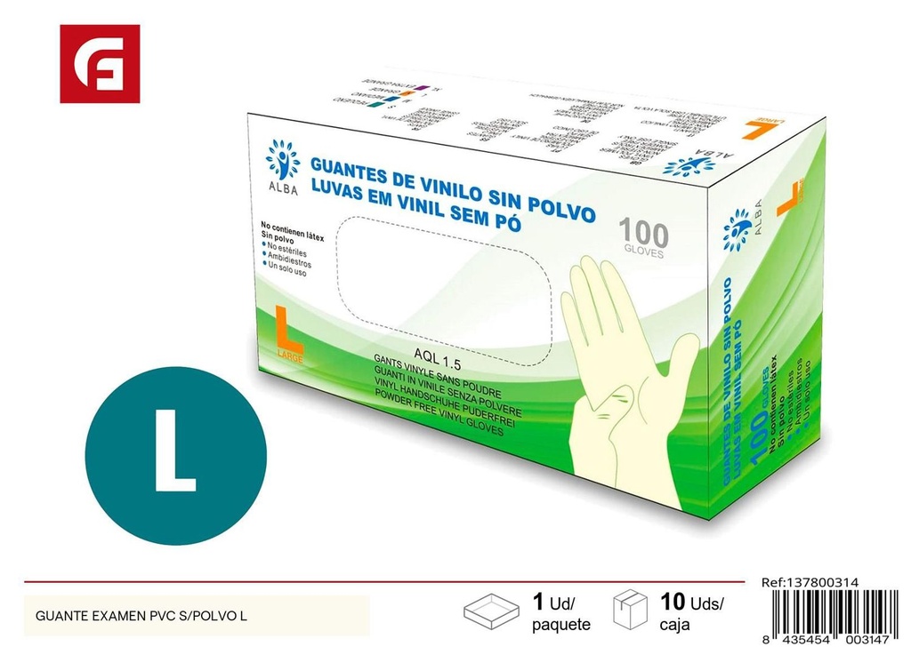 Guante de examen de PVC sin polvo L - Accesorios de limpieza