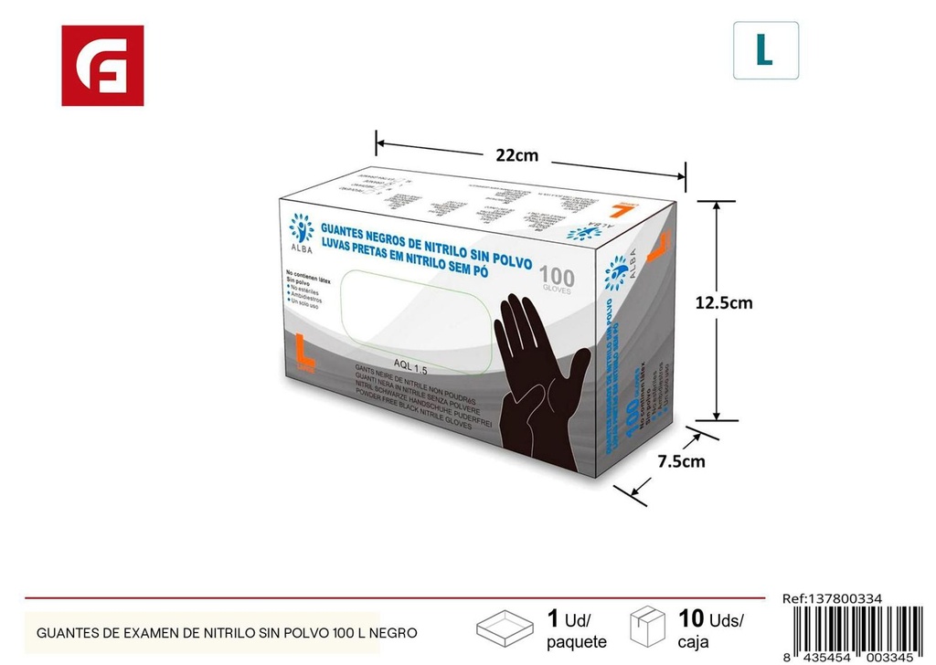 Guantes de examen nitrilo sin polvo tamaño L - Accesorios de limpieza