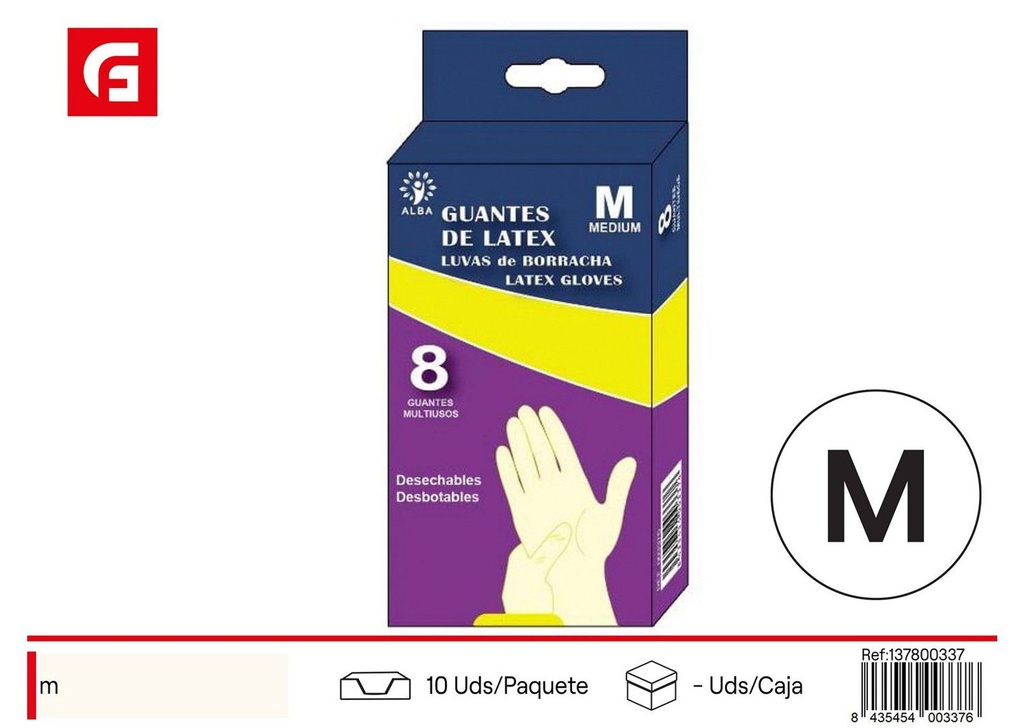 Guantes de látex talla M con polvo 8/U - Productos de limpieza