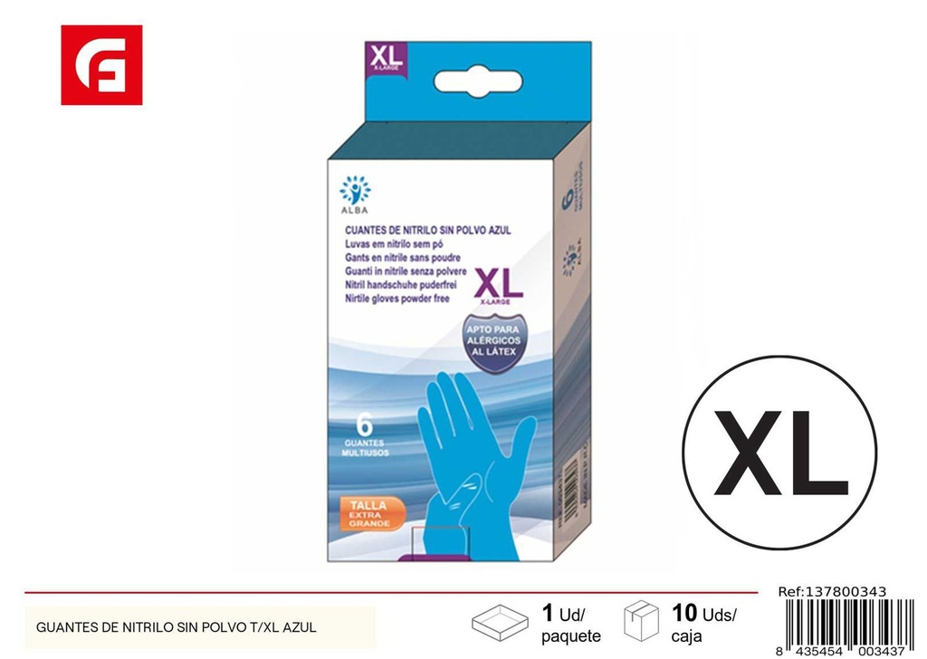 Guantes de nitrilo sin polvo talla T/XL color azul - Artículos de limpieza