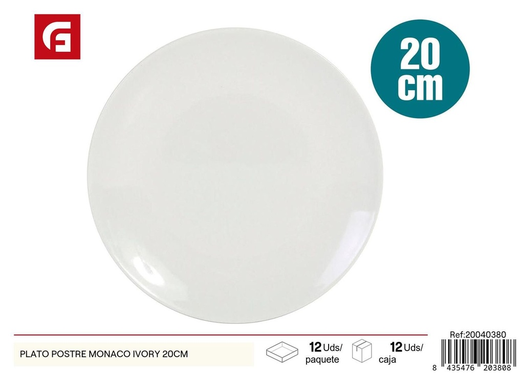 Plato de postre de cerámica 20cm Monaco Ivory para cocina y repostería