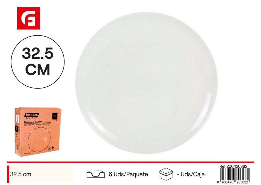 Bajo plato de cerámica 32.5cm Monaco Ivory brillo para mesa