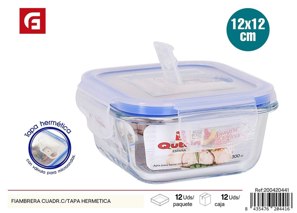 Fiambrera cuadrada con tapa hermética de cristal 16cm para alimentos