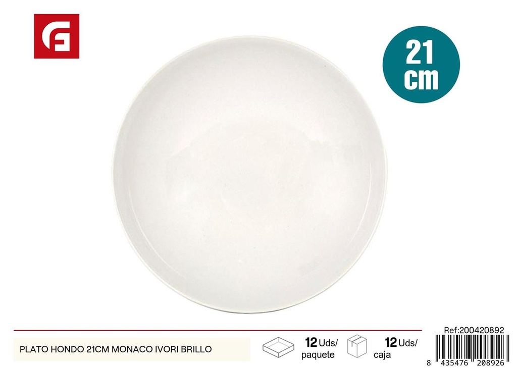 Plato hondo 21cm Mónaco marfil brillante para alimentos