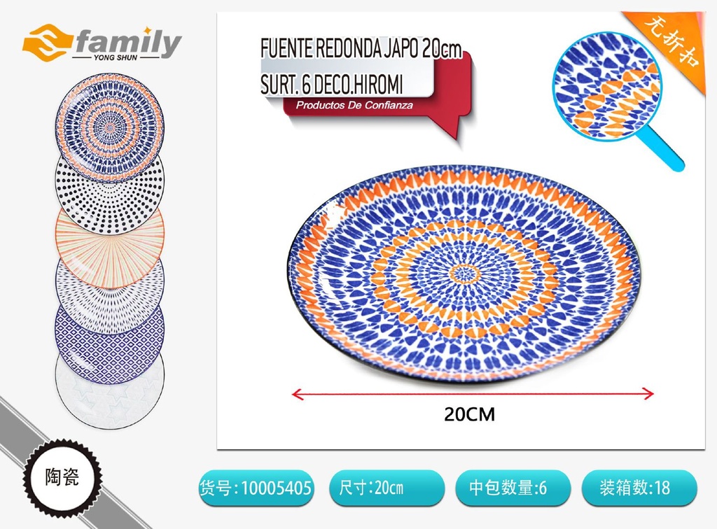 Fuente redonda japonesa de cerámica 20cm surtido 6 para cocina