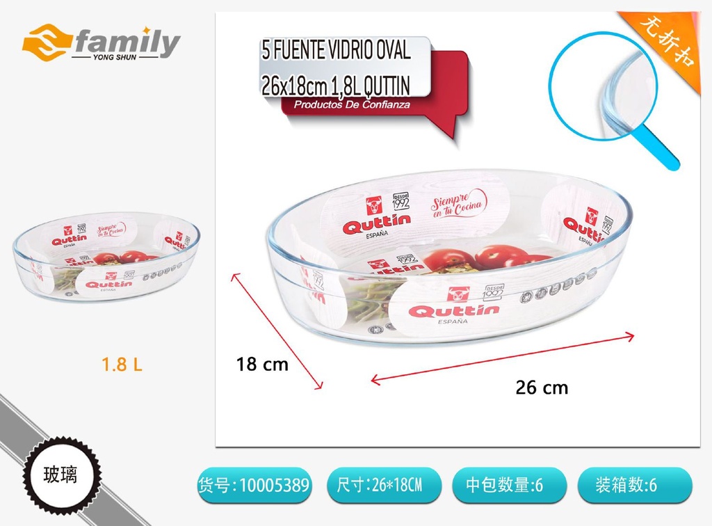 Fuente de vidrio oval 26x18 cm, 1.8L Quttin - Utensilios de cocina y servicio