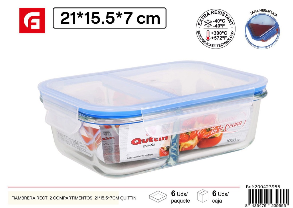 Fiambrera rectangular con 2 compartimentos 21x15.5x7 cm - Vidrio y cerámica