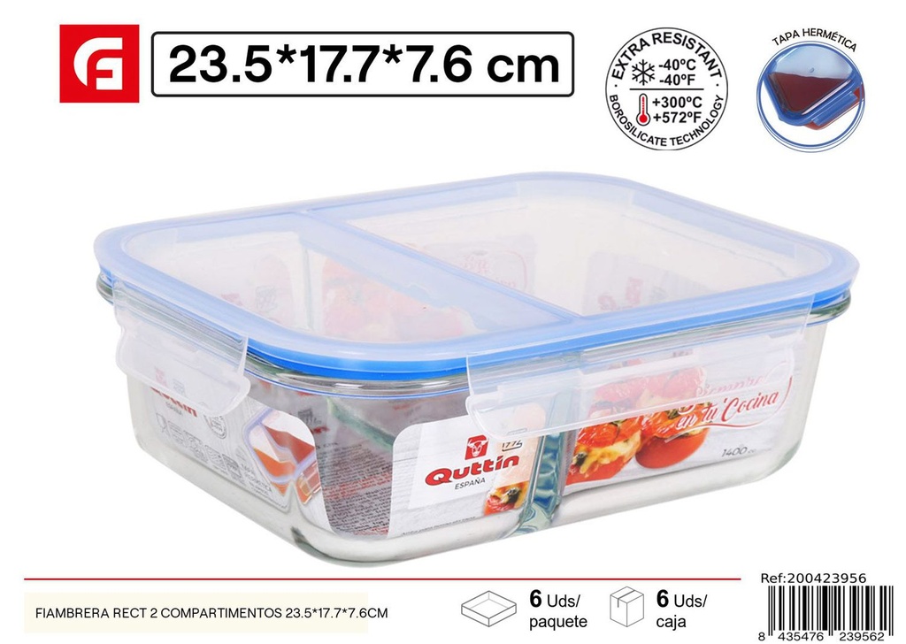 Fiambrera rectangular con 2 compartimentos 23.5x17.7x7.6cm para comidas