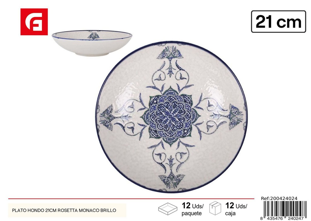 Plato hondo de cerámica 21 cm Rosetta Monaco Brillo - Vajilla