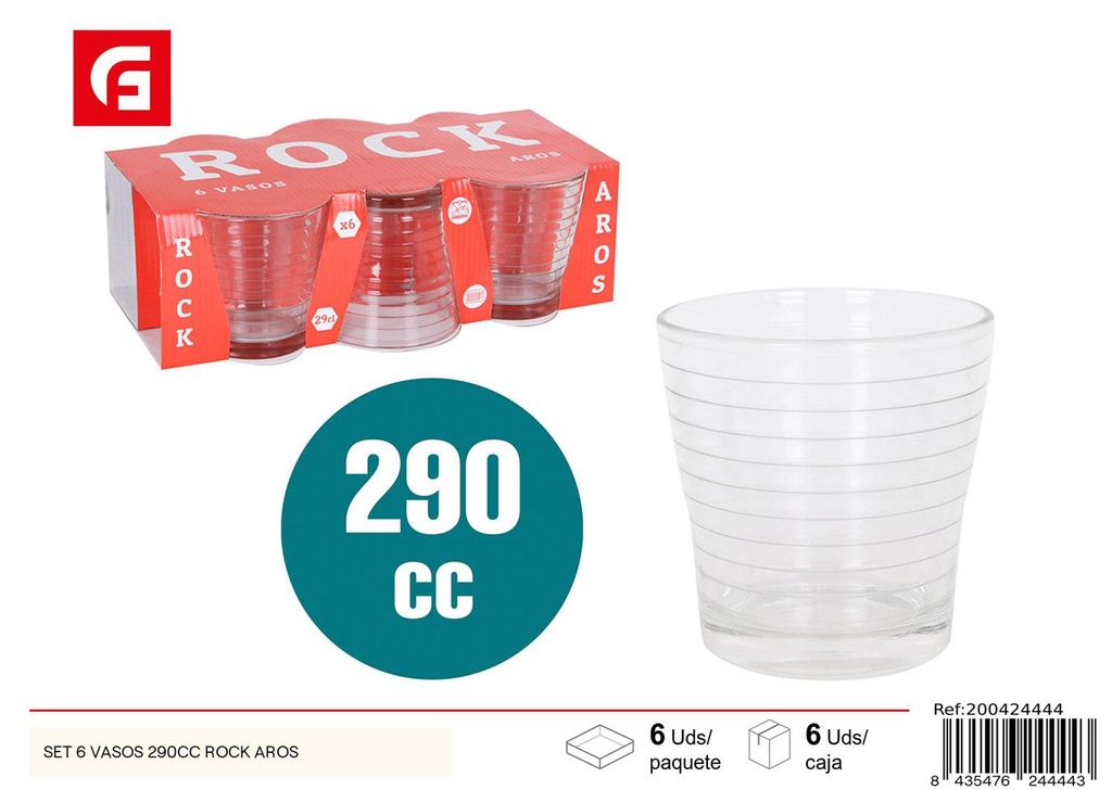 Set de 6 vasos de vidrio 290cc Rock Aros