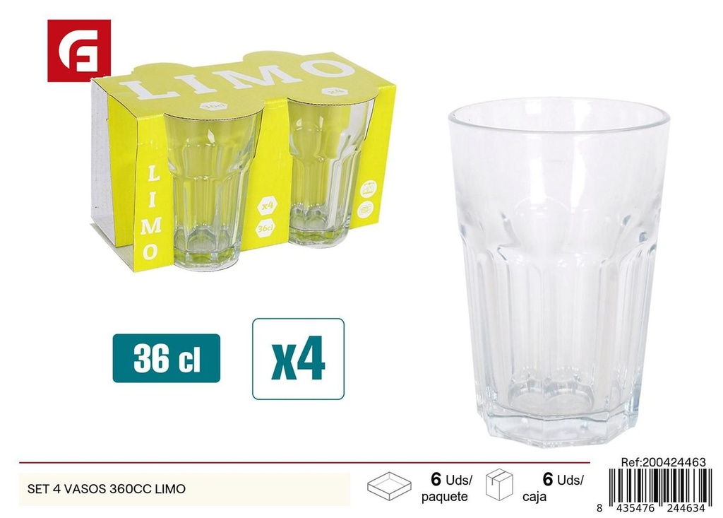 Set de 4 vasos de vidrio 360cc Limo para bebidas