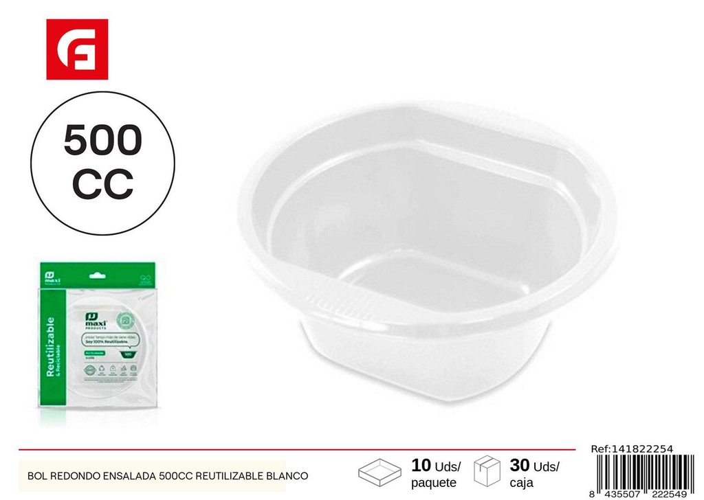 Bol redondo ensalada blanco 500cc reutilizable para comida