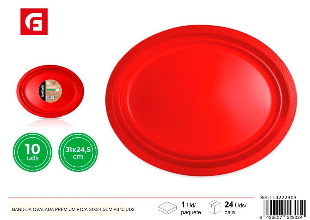 Bandeja ovalada premium roja de PS 31x24.5cm 10 uds