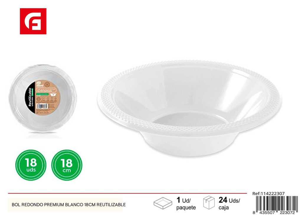 Bol redondo premium blanco 18 cm reutilizable - Desechables