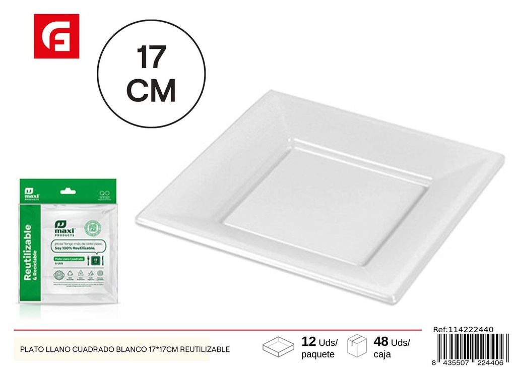 Plato llano cuadrado blanco 17X17 cm reutilizable - Utensilios desechables