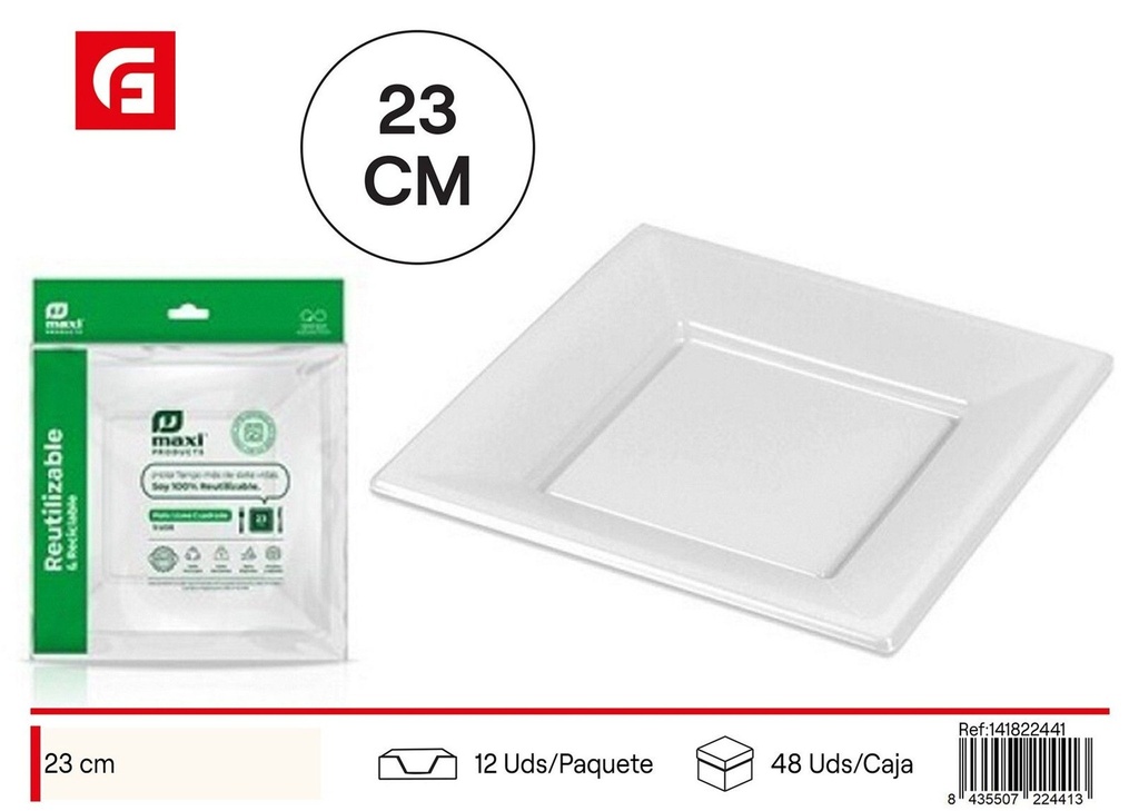 Plato llano cuadrado blanco 23X23 cm reutilizable 5 unidades - Utensilios desechables
