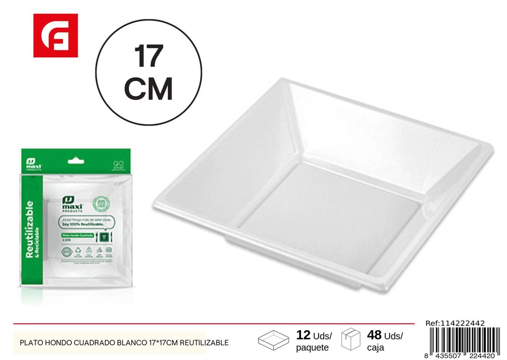 Plato hondo cuadrado blanco 17X17 cm reutilizable 6 unidades - Utensilios desechables