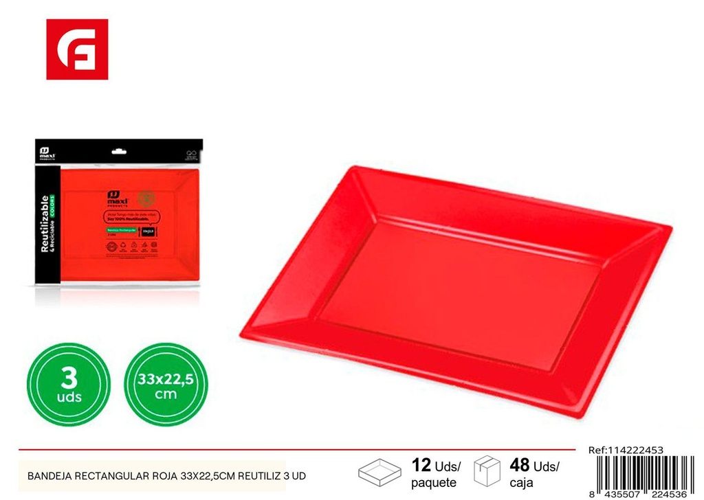 Bandeja rectangular roja 33x22.5cm reutilizable 3 uds para fiestas