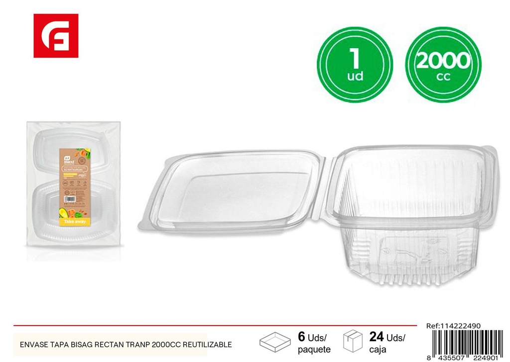 Envase con tapa bisagra rectangular 2000cc reutilizable para alimentos