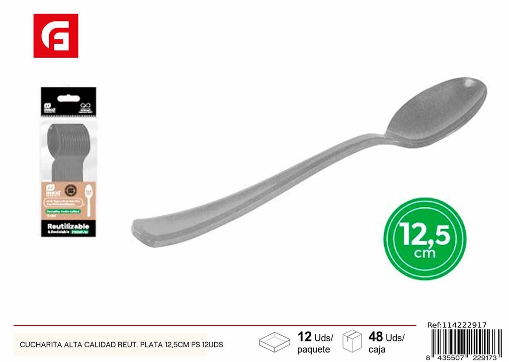 Cucharita alta calidad, plata (12 uds - 12.5 cm, PS) - Utensilios desechables