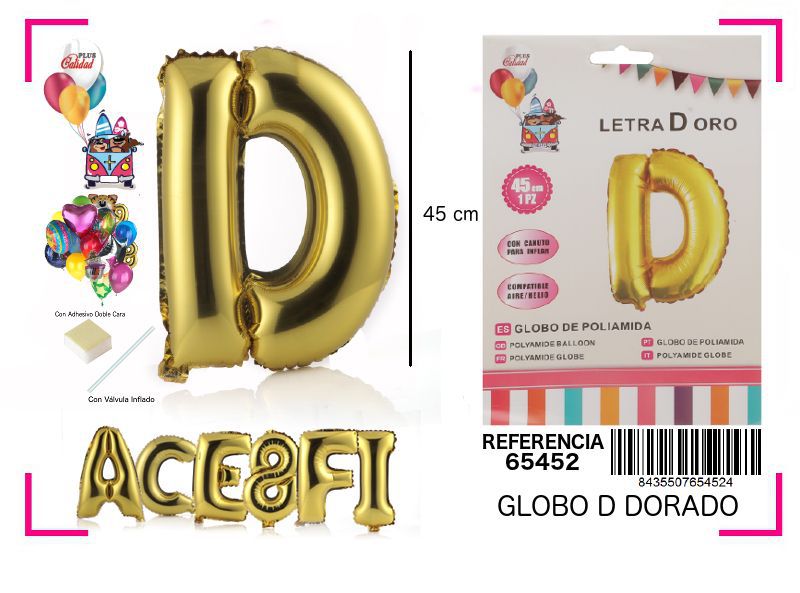 Globo Mylar letra D oro 45cm para fiestas y celebraciones