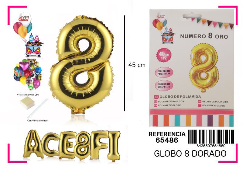 Globo Mylar número 8 oro 45cm para fiestas