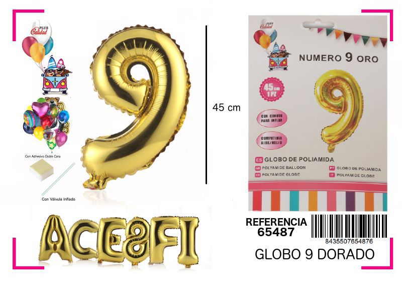 Globo mylar número 9 oro 45cm para fiestas y eventos