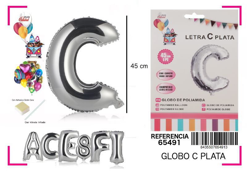 Globo mylar letra C plata 45cm para decoraciones de fiesta