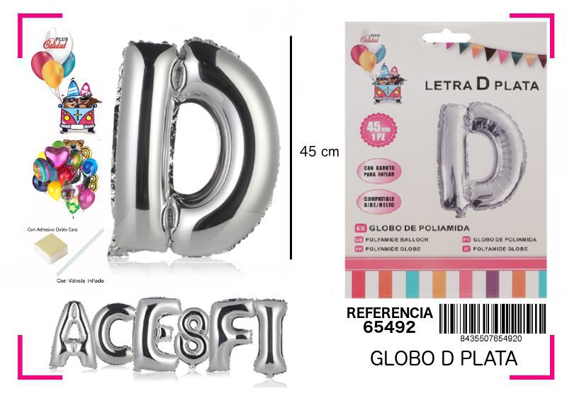 Globo mylar letra D plata 45cm para fiestas y eventos