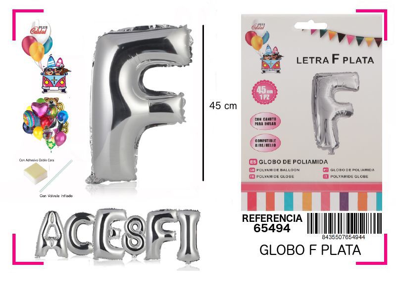 Globo mylar letra F plata 45cm para fiestas