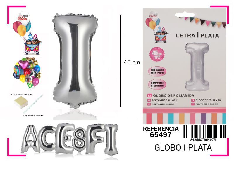 Globo mylar letra I plata 45cm para decoraciones de fiesta