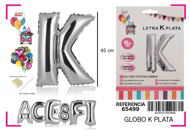 Globo mylar letra K plata 45cm para fiestas y decoraciones