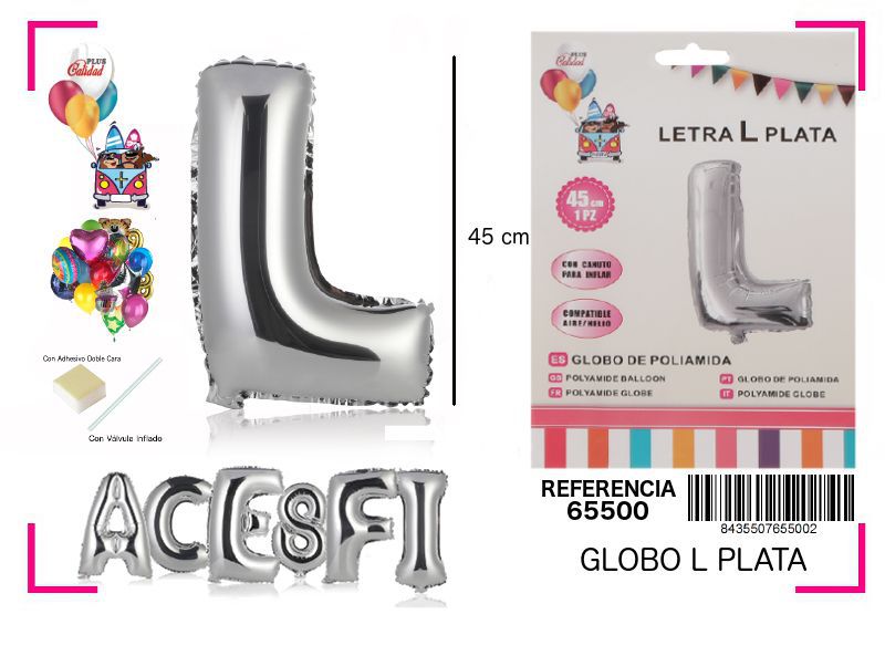 Globo mylar letra L plata 45cm para fiestas y decoraciones