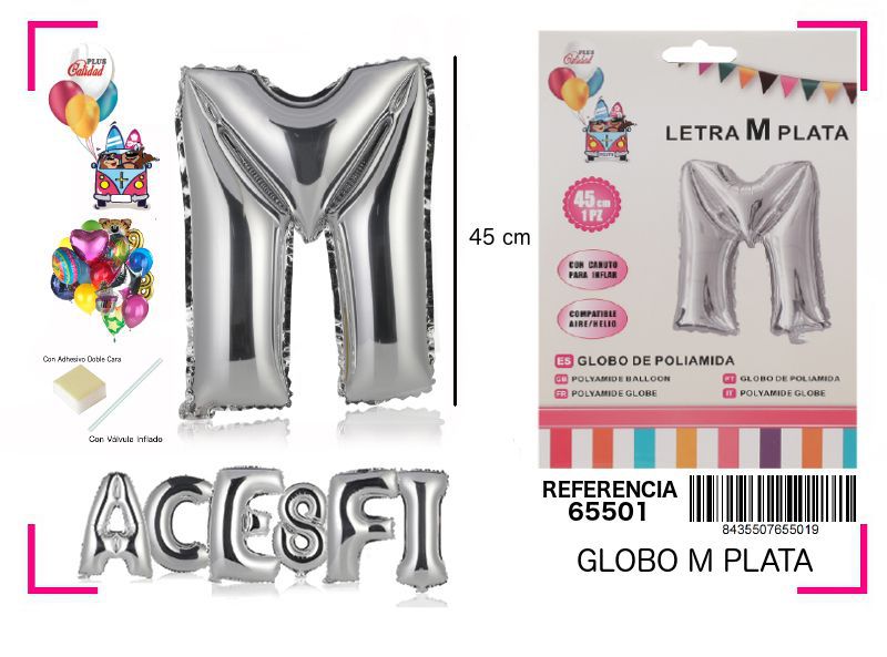 Globo mylar letra M plata 45cm para fiestas y eventos