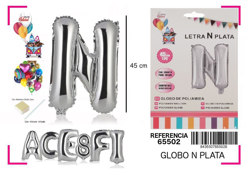 Globo mylar letra N plata 45cm para fiestas