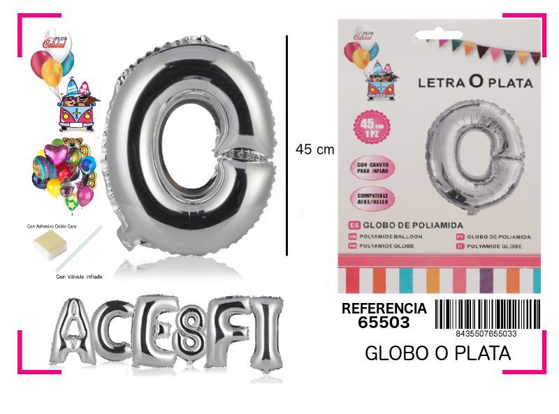 Globo mylar letra O plata 45cm para decoraciones de fiesta