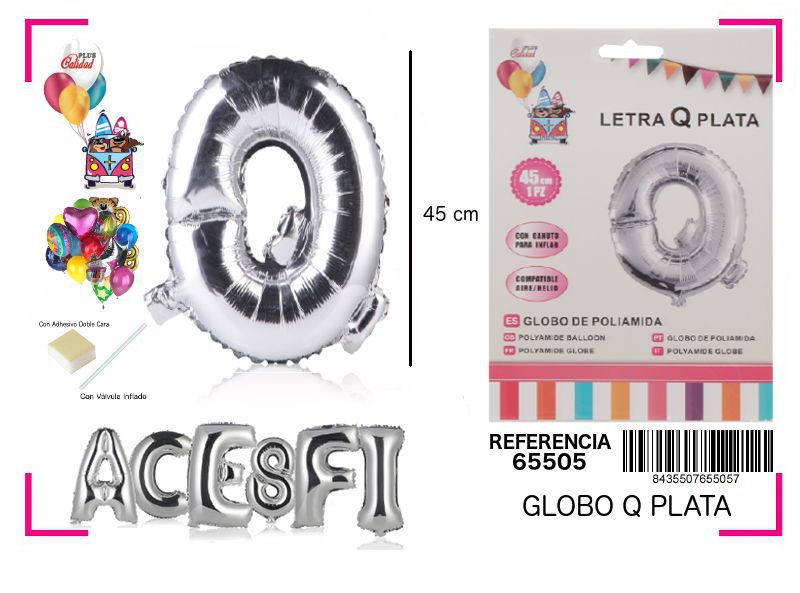 Globo Mylar letra Q plata 45cm para fiestas y celebraciones