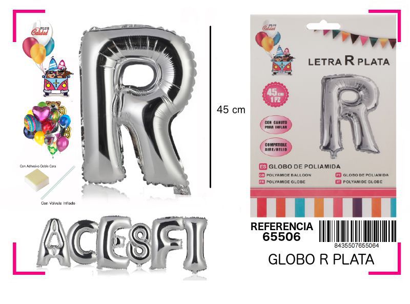 Globo Mylar letra R plata 45cm para fiestas y cumpleaños