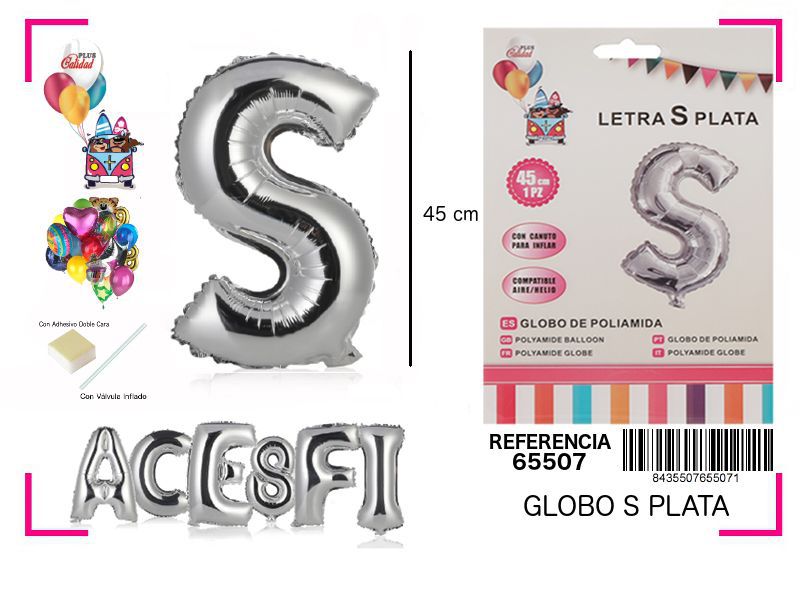 Globo de mylar letra "S" plata 45cm para fiestas y decoraciones