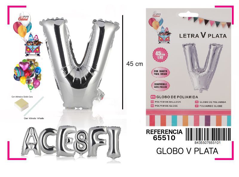 Globo mylar letra V plata 45cm para decoraciones de fiesta