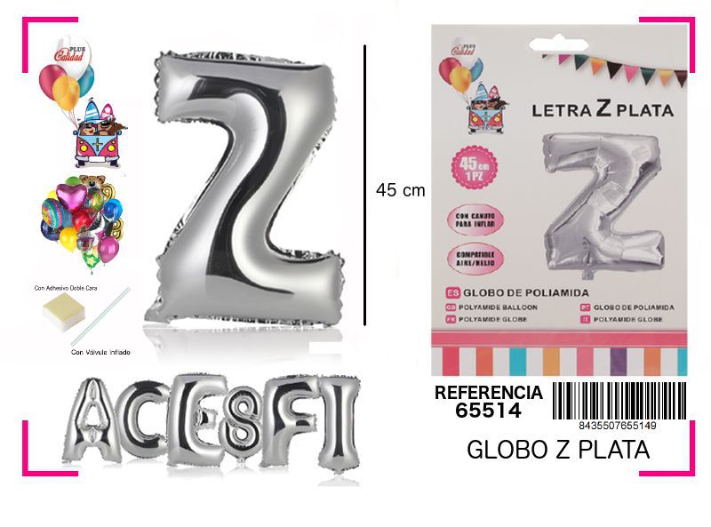 Globo de mylar letra Z plata 45cm para decoración de fiestas